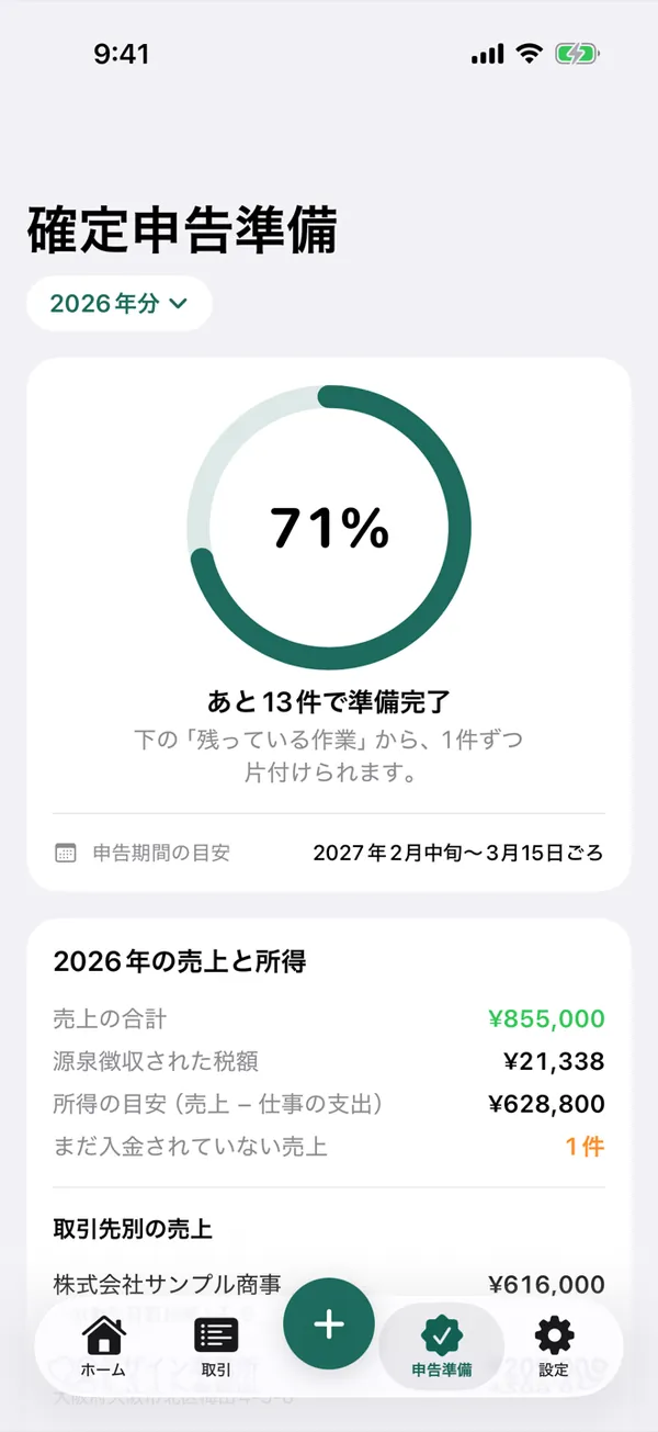 確定申告準備の画面。進み具合71%、あと13件で準備完了、申告期間の目安2027年2月中旬〜3月15日ごろ